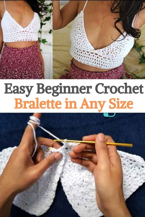 Make this easy crochet bralette top for beginners in any size you like. They are made to measure. Super easy and quick to prepare, perfect for your summer vacation at the beach. What you need is a size 4.0 mm crochet hook, any dk weight yarn. The creator also provides us with a very well-explained video tutorial, where she guides us step by step through the entire project, so it is quite easy to do, even as crochet beginners. What we recommend is to take the measurements beforehand... Crochet Bralette Pattern Free, Easy Crochet Bralette, Crochet Bathing Suit Top, Crochet Bralette Pattern, Crochet Bralette Top, Crochet Bra Top, Diy Crochet Top, Crochet Halter Top Pattern, Crochet Blouses