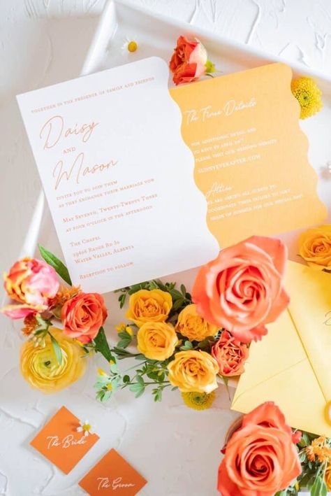 20 Yellow Wedding Ideas - LADY WEDDINGS Sunrise Wedding Invitations, Bright Wedding Stationery, Orange And Yellow Wedding Theme, Retro Wedding Invites, Orange Summer Wedding, Sunset Wedding Invitations, Bright Wedding Invitations, Print Invitation, Orange Wedding Invitations