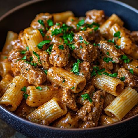 Tasty Recipes & Cooking Ideas by Thalia's Tasty | Creamy Parmesan Beef with Rigatoni Pasta | Facebook Creamy Parmesan Beef With Rigatoni, Beef Stew Pasta, Parmesan Beef, Creamy Rigatoni, Rigatoni Recipes, Beef Pasta Recipes, Garlic Beef, Rigatoni Pasta, Beef Pasta