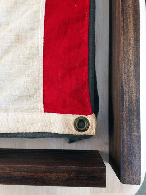 Flag In Living Room, American Flag Interior Design, Flag Display Ideas Decor, Flag Hanging Ideas Wall Decor, How To Hang A Flag On Wall, Framed Flag Decor, Old Flag Ideas, How To Frame A Flag, American Flag Display Ideas