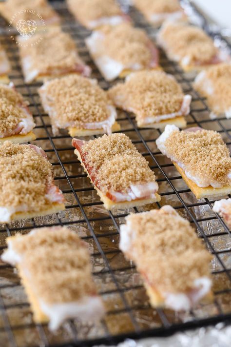 Bacon On A Cracker, Cracker And Bacon Appetizer, Bacon Snacks Easy, Bacon On Club Crackers, Crackers And Bacon Appetizers, Bacon And Crackers, Cream Cheese Bacon Crackers, Candied Bacon Crackers With Parmesan, Parmesan Candied Bacon Crackers