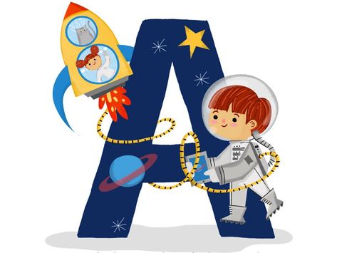 A is for Astronaut by Magdalena Alvarez A Is For Astronaut, Space Printables, Kids Cake Toppers, Astronaut Design, Tracing Worksheets Preschool, Happy Birthday Text, Space Birthday Party, Birthday Text, Space Birthday