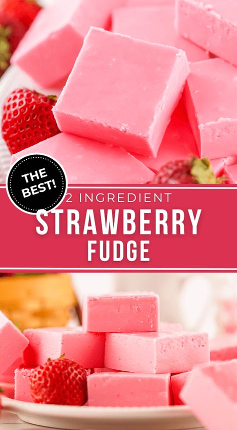 This 2 ingredient strawberry fudge takes only a few ingredients and less than five minutes to make. If you want a simple sweet treat to give to the people that you love, than you have to try this easy fudge recipe. Simple 3 Ingredient Recipes, Easy Desserts With Basic Ingredients, Cheap Sweets Recipes, 5 Ingredient Baking Recipes, Strawberry Fudge 2 Ingredient, 3 Ingredient Candy Recipes, Really Good Easy Desserts, Homemade Strawberry Desserts, Quick 3 Ingredient Desserts