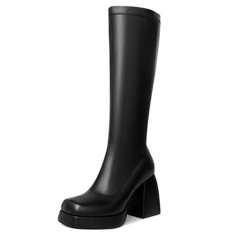 PRICES MAY VARY. Retro square toe Platform Boots with a 3.74" heel height and a non-slip rubber sole with a chunky heel for extra stability and comfort. The Gogo boots are made from high stretch material to fit different leg sizes and have a comfortable soft lining with a side zip for easy on and off. The knee high boots for women fit your legs without worrying, even after long walks without slipping down your legs. The Platform 70s boots are perfect with all your outfits, whether you're themed Black Gogo Boots Outfit, Black Gogo Boots, Gogo Boots Outfit, 70s Boots, Platform Knee High Boots, Soul Train, Gogo Boots, Long Walks, Platform Boots