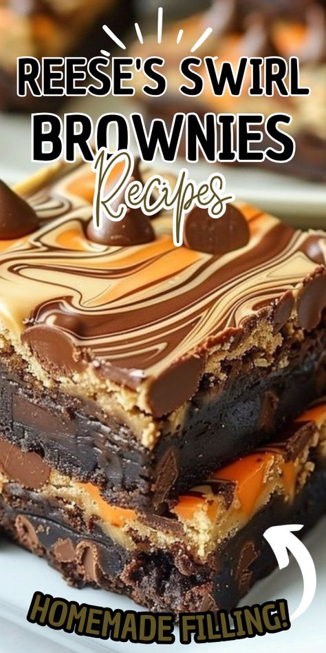 Reese's Swirl Brownies Reeces Brownie Recipes, Reese Brownies, Reeses Brownies Recipe, Brownies Fudgy, Peanut Butter Oat Bars, Peanut Butter Swirl Brownies, Peanut Butter Oat, Peanut Butter Cup Brownies, Brownie Desserts Recipes