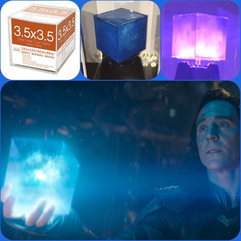 My diy tesseract to hold Loki’s infinity stone. I bought a 3.5” photo cube from Michael’s for $2. Mixed a blue and white paint and sponged it in on the inside of all the cube walls. While wet, I dabbed off the excess with a paper towel to allow some transparency. After it dries, wad up a ball of wax paper over top of a small led light... and there you have it! The Tesseract on a budget! Even Thanos wants one now! Diy Tesseract Cube, Tesseract Diy, Diy Tesseract, Marvel Props, Marvel Themed Room, Madeline Party, Marvel Diy, The Tesseract, Photo Cube