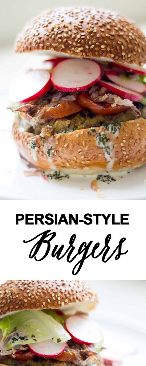 Persian Burgers | Persian Sandwich, Burger Board, Iranian Dishes, Crispy Fried Onions, Juicy Burger, Persian Cuisine, Pickled Radishes, Burger Toppings, Fish And Chicken