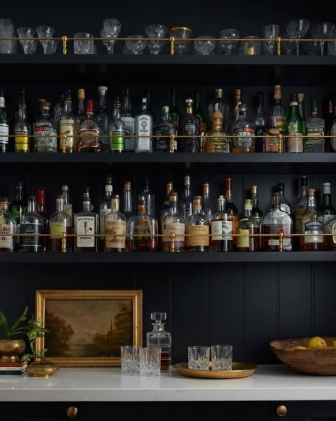 Electric Glam Decor, Coffee Bar Ideas Green, Home Bar Nook Ideas, Bar Bookshelf Ideas, Mini Bars For Home Small Spaces, Dry Bar Open Shelving, Bourbon Cabinet, Gentleman Room, Witches Den