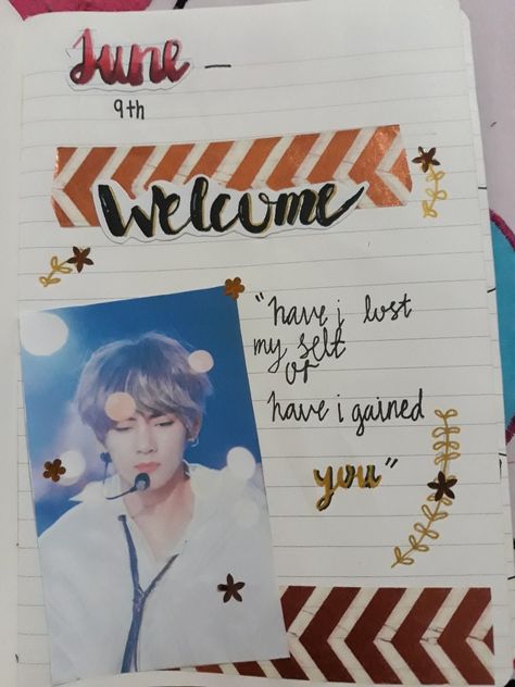 My welcome page for my BTS kpop journal Diary Welcome Page, Welcome Page Journal, Kpop Bullet Journal, Kpop Journal Ideas, Taehyung Pictures, Yoongi Birthday, Aesthetic Journals, Birthday Journal, Bts Journal