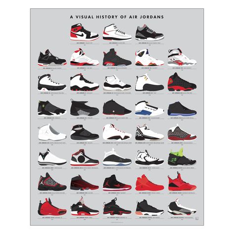 PRICES MAY VARY. The Complete Jordan Collection: We've illustrated every Air Jordan in history, from the iconic first pair to take flight in 1985 to the most recent Air Jordan XXXVIII, and each one is depicted in its most famous colorway. This is the most up-to-date Air Jordans poster in existence. Detailed Illustrations from Heel to Toe: Each sneaker has been meticulously hand-illustrated in its most iconic colorway (not a single lace or aglet out of place!) and labeled with name, brand, and ye History Of Air Jordans, Jordans Poster, Jordan Numbers, Jordan 2s, Air Jordans Shoes, Nba Shoes, Jordans 13, How To Wear Jordans, Nutrition Poster