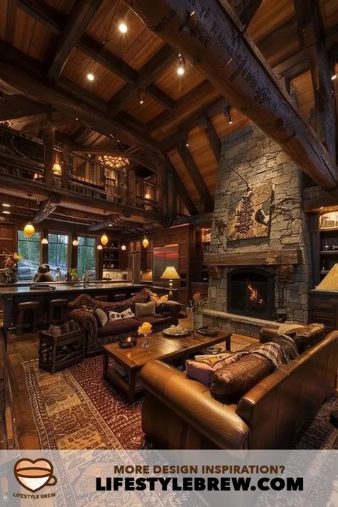 Rustic Living Room Design Ideas: Creating a Cozy and Inviting Space - LifeStyle Brew Dark Cabin Living Room, Log Home Living Room Ideas, Vintage Cabin Living Room, Mountain House Living Room, Log Home Living Room, Rustic Stone Fireplace, Log Home Interior, Rustic Fireplace, Log Home Living