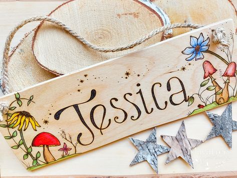 Personalised Children's Wooden Name Sign, Handmade Woodburned Enchanted Forest Themed Decor, Pyrography Fairytale Bedroom, New Baby Gift - Etsy Woodland Baby Name Sign, Fairy Tail Nursery Theme, Fairy Woodland Bedroom, Fairy Wall Decor, Enchanted Forest Theme Room, Enchanted Forest Sign, Fairy Garden Nursery Theme, Fairy Bedroom Ideas For Kids, Fairy Tale Room