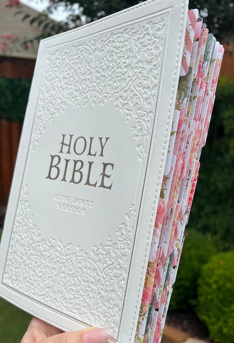 BEST SELLER Celebrate the sacraments, rites and ceremonies of the Church with the White Faux Leather Large Print Thinline KJV Bible with Thumb Index! Whether you are celebrating a baptism, confirmation, church membership, first communion, christening, or wedding, the pure white KJV Bible will mark your rite of passage in a meaningful and memorable way.   (I started making these bibles to help pay for my husband's tremendous medical bills after suffering a brain aneurysm. 100% of each sale goes t This Bible Belongs To Page, Pretty Bibles To Buy, Bible Book Aesthetic, Aesthetic Bibles, Bibles For Women, Decorated Bible, Pretty Bibles, Pretty Bible, White Bible