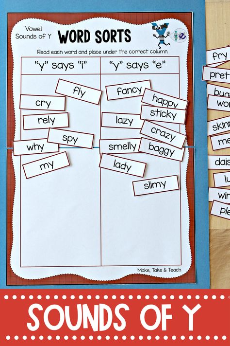 Y As I And E Phonics, Y As A Vowel Activities, Blending Letter Sounds Activities, Vowel Sounds Activities, Word Sort Activities, Teaching Vowels, Vowel Activities, Word Sort, The Letter Y