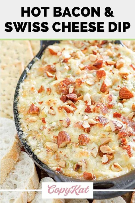 Hot Bacon Swiss Dip will have your friends and family coming back for more. Get the easy recipe for the best dip with bacon, Swiss cheese, cream cheese, green onion, garlic, and almonds. It’s warm, cheesy, creamy, and crunchy. A perfect party appetizer and game day food! Hot Bacon Swiss Dip, Bacon And Swiss Dip, Bacon Onion Dip With Cream Cheese, Swiss Bacon Dip, Swiss Almond Dip, Hot Swiss Cheese Dip, Swiss Cheese Dip Recipes, Swiss Cheese Dip With Mayo, Best Hot Dip