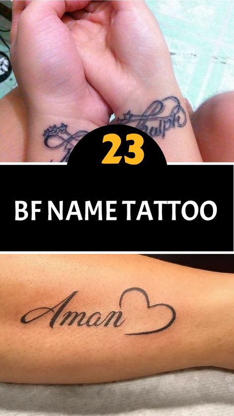 Getting your partner's name tattooed on your body can be a powerful symbol of dedication and affection. Explore this assortment of boyfriend-themed tattoo ideas that celebrate love and partnership in a unique way. Be inspired by these meaningful designs that capture the essence of your bond with your significant other, creating a lasting connection through art. Discover creative ways to express your commitment and showcase the depth of your relationship with the special person in your life through these heartfelt tattoo concepts. Partner Name Tattoos, Bf Name Tattoo, Boyfriend Name Tattoo, Bf Name Tattoo Ideas, Kid Tattoos, Husband Name Tattoos, Boyfriend Name Tattoos, Watercolor Tattoo Sleeve, Special Tattoo