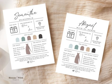 Bridesmaid Info Card, Minimalist Bridesmaid, Bridesmaids Proposal, Welcome Note, Bridesmaid Proposal Cards, Change Text, Wedding Invitation Suite, Wedding Templates, Bridesmaid Proposal