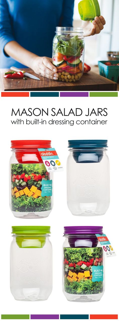 30 Mason Jar Recipes: A Month Worth of "Salad in a Jar" Recipes *Loving this mason jar with built-in dressing container. Salad Lunch Container, 4 Oz Mason Jar Ideas, Salad Prep Containers, Salad In A Jar Recipes, Mason Jar Recipes, In A Jar Recipes, Mason Jar Lunch, Salad Jars, Salad Prep