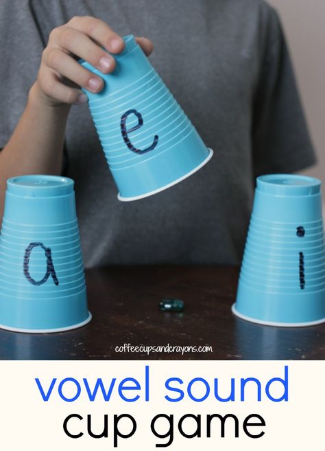 Vowel sounds are hard to practice, especially the A, E, and I. To make the phonics practice fun we created a fun vowel sounds practice game with cups! Vowel Intensive Activities, Vowels Kindergarten, Vowel Sounds Activities, Long Vowels Activities, Short Vowel Activities, Teaching Vowels, Phonics Ideas, Abc Learning, Vowel Activities