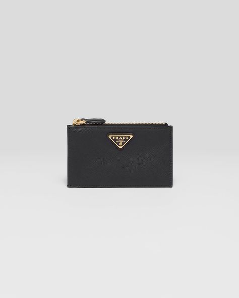 Black Saffiano Leather Card Holder | PRADA Prada Card Holder, Leather Badge Holder, Prada Mini, Prada Wallet, Prada Saffiano, Luxury Purses, Leather Card Holder, Black Wallet, Triangle Logo