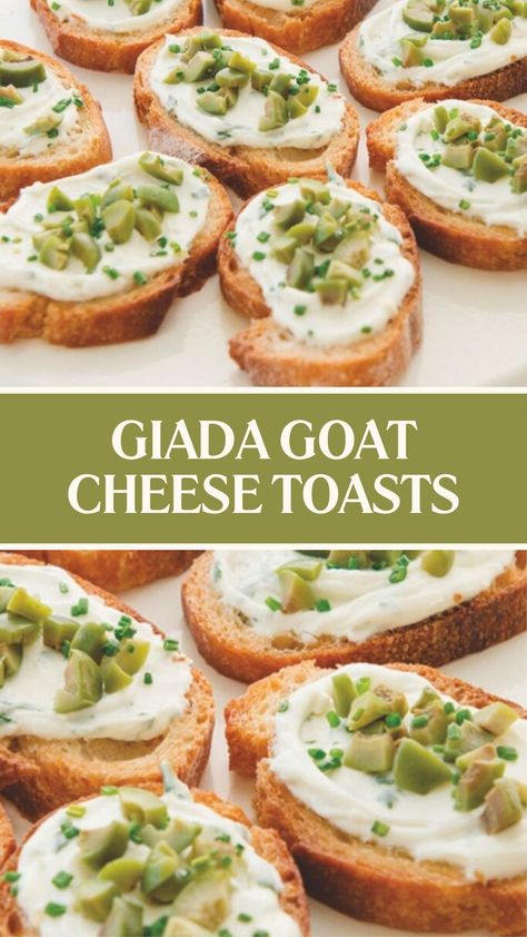 Giada Goat Cheese Toasts Giada Appetizers, Lemon Goat Cheese, Toasted Crostini, Giada Recipes, Goat Cheese Appetizer, Creamy Goat Cheese, Baguette Bread, Goat Cheese Recipes, Cheese Toast