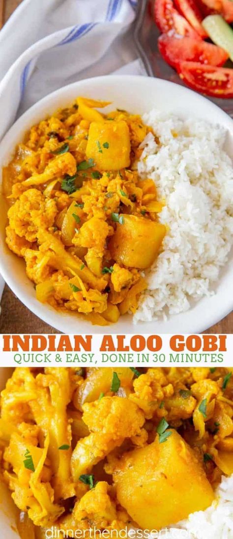 Aloo Gobi is the PERFECT vegetarian dinner made with fresh cauliflower and potatoes steamed and sautéed with seven different spices, ready in under 30 minutes! #vegetarian #dinner #sidedish #Indian #vegan #curry #cauliflower #aloogobi #dinnerthendessert Aloo Gobi Curry Recipe, Cauliflower And Potatoes Curry, Allo Gobi Recipe, Potatoes And Cauliflower Recipes, Indian Cauliflower Recipes Aloo Gobi, Indian Aloo Gobi, Potato And Cauliflower Curry, Curry Cauliflower Recipes, Cauliflower Potato Curry