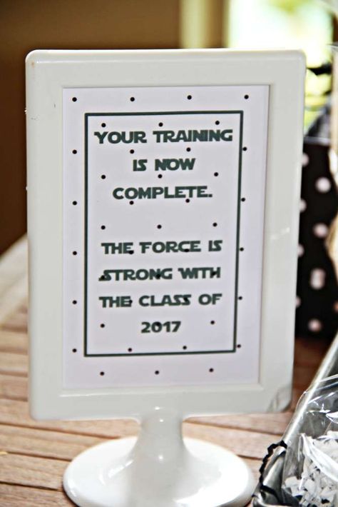 Star Wars Graduation party | CatchMyParty.com Star Wars Graduation Party, High School Graduation Themes, Star Wars Graduation, Graduation Party Ideas College, Party Ideas College, College Graduation Party Ideas, End Of School Party Ideas, End Of School Party, School Party Ideas