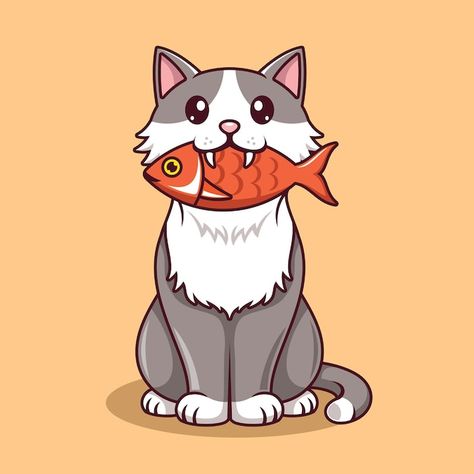 Cat Eating Fish Illustration, Cat With Fish Drawing, Cat Eating Fish Drawing, Cat And Fish Illustration, Cat Eating Illustration, Cat Eating Drawing, Funny Fish Drawing, Cookies Illustration, Cat With Fish