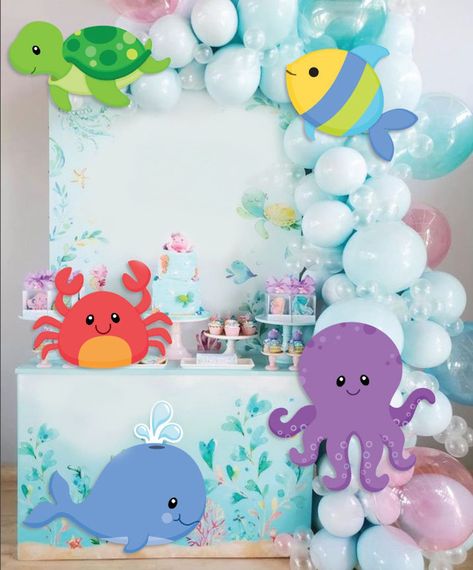 Octopus Theme Party, Fish Birthday Party Decorations, Under The Sea Birthday Party Backdrop, Fish Theme Birthday Decoration, Ocean Birthday Backdrop, Under The Water Birthday Theme, Sea Life Party Ideas, Sea Animals Theme Birthday Party, Aquarium Birthday Theme