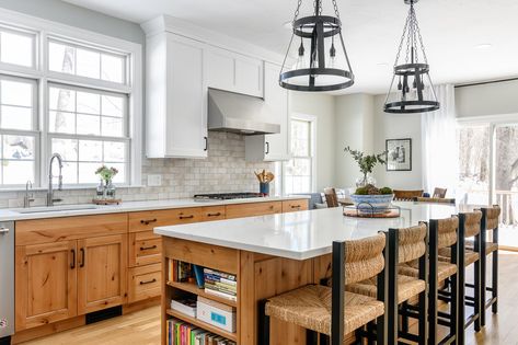 Kitchen Associates Project Featured on Houzz! — Kitchen Associates | Massachusetts Kitchen Remodeling Wood Lower Cabinets, Alder Wood Cabinets, Natural Wood Kitchen Cabinets, White Upper Cabinets, Lower Cabinets, Natural Wood Kitchen, Popular Kitchens, Wood Kitchen Cabinets, Built In Grill