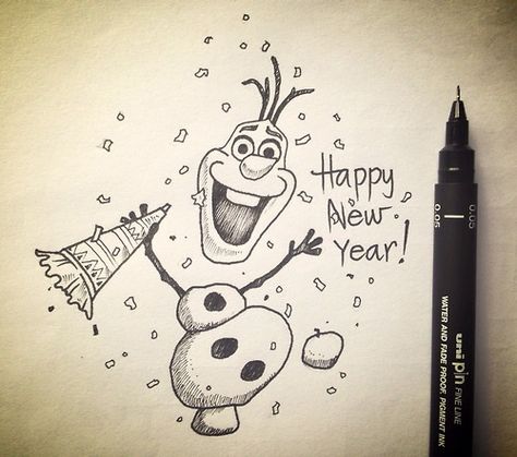 Happy New Year Everyone! New Years Drawing, Disney New Years, New Years Drawing Ideas, Disney Happy New Year, Happy New Year Calligraphy, New Year Doodle, New Year's Drawings, Kerby Rosanes, Watercolor Birthday Cards