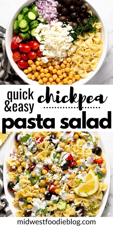 This vegetarian Chickpea Pasta Salad is loaded with a mixture of canned and fresh vegetables tossed in a simple oil and vinegar dressing. Then it’s drizzled with a creamy yogurt sauce and garnished with fresh chopped dill for a summer side dish (or main dish) unlike any you’ve had before! This pasta salad is quick, easy, and oh so satisfying! Chickpea Pasta Salad, Oil And Vinegar Dressing, Greek Chickpeas, Creamy Yogurt, Summer Side Dish, Simple Vinaigrette, Greek Salad Pasta, Best Pasta Salad, Greek Pasta