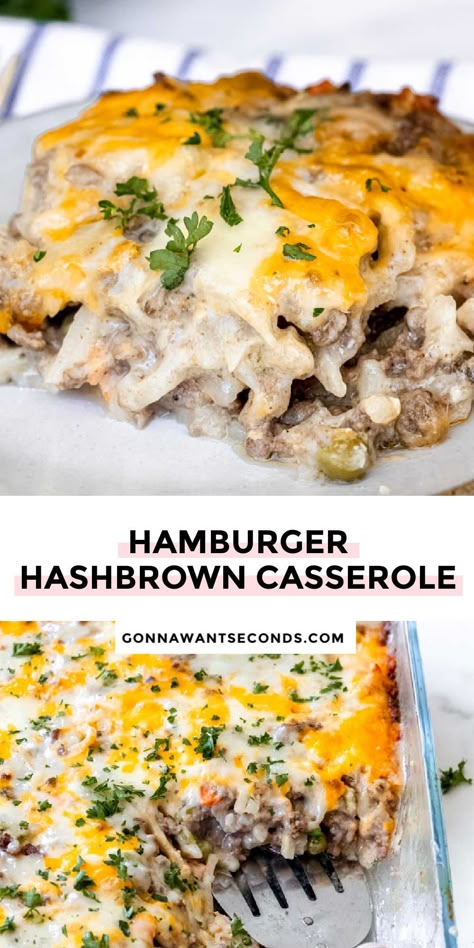 Hamburger Hashbrown Casserole Hamburger Hashbrown Casserole, Hamburger Hashbrown, Hashbrown Casserole, Hamburger Casserole, Hashbrown Recipes, Beef Casserole Recipes, Hash Brown Casserole, Ground Beef Recipes For Dinner, Beef Recipes Easy