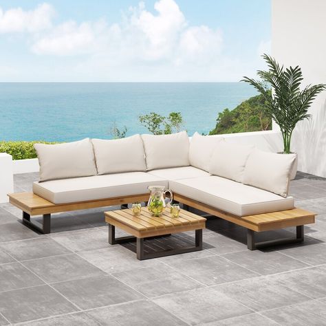 Union Rustic 4 Piece Teak Sectional Seating Group with Cushions & Reviews | Wayfair Chill Lounge, Sunroom Furniture, Sectional Seating, 5 Seater Sofa, Patio Sectional, Wayfair Furniture, Noble House, Conversation Set Patio, Décor Diy