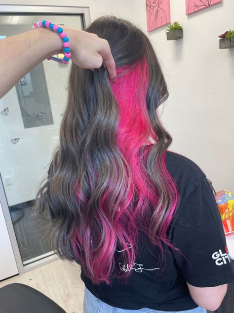 Peekaboo Hair Color Magenta, Pink Hair For Brown Hair, Neon Pink Peekaboo Hair, Black And Pink Hair Peekaboo, Brown Hair With Pink Extensions, Hot Pink Peak A Boo Hair, Peekaboo Dyed Hair For Brunettes, Peekaboo Hot Pink Hair, Hot Pink Underneath Hair Brown