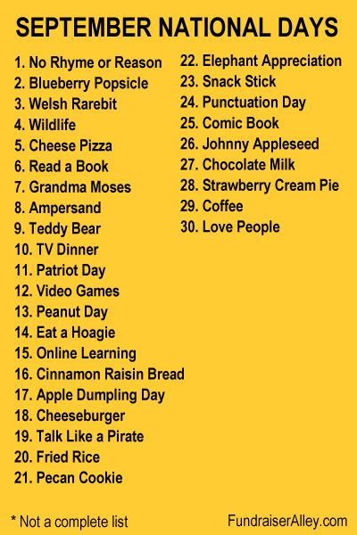 Celebrate National Days in September! There is at least one or more National Day for each day of September. This list only includes one for each day and is not a complete list. Take advantage of National Days for fundraising ideas. #nationaldays #septembernationaldays September National Days, National Days In September, List Of National Days, National Celebration Days, Monthly Holidays, National Holiday Calendar, Funny Holidays, September Holidays, Silly Holidays