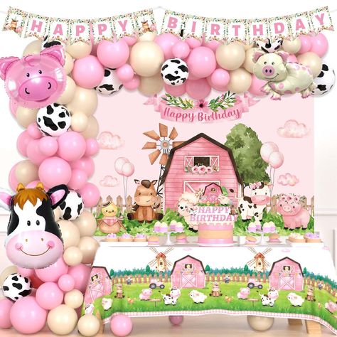 PRICES MAY VARY. 【COSY FARM BIRTHDAY】🐄 Create a warm barnyard party with apricot and pink colors! Cute farm animals bring unlimited fun and novel experiences to your little one and other children to explore a different birthday party. Precious memories with our party decorations and let everyone enjoy the unforgettable day! 【FARM PARTY DECORATIONS FOR GIRL SET】🐖 90 x 12’’ pink / ivory / cow print latex balloons, 30 x 5’’ pink / ivory latex balloons, 3 x farm animal foil balloons, 1 x backdrop, Animal Themed Birthday Party Decorations, Farm Animal Themed Birthday Party, Farm Baby Shower Theme, Backdrop Balloon Garland, Pink Farm Party, Party Decorations Backdrop, Barnyard Birthday Decorations, Farm Party Decorations, Backdrop Balloon