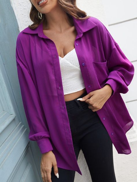 Purple Chemise Outfit, Violet Shirt Outfit, Purple Shirt Outfit Women, Purple Casual Outfit, Purple Outfit Aesthetic, Purple Shirt Outfit, Black Blouse Outfit, Purple Shirt Outfits, Purple Top Outfit