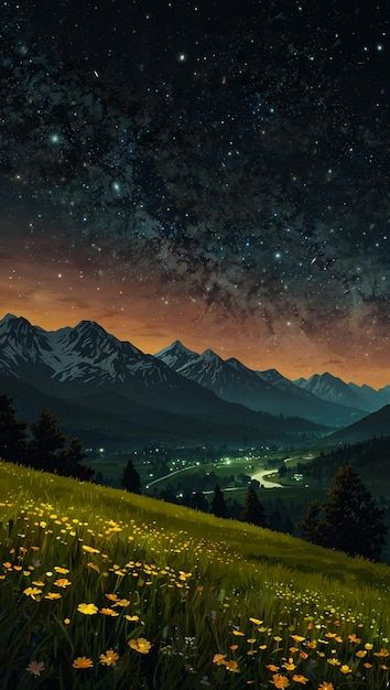 Colored Pictures, Beautiful Scenery Photography, A Field Of Flowers, Field Of Flowers, Painting Inspo, Night View, Dark Skies, Flower Field, Mountain View