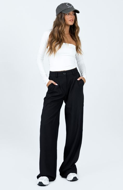 Sharp pintuck pleats lend tailored polish to these trouser-inspired pants cut in a wide-leg silhouette that adds a refined touch to even laid-back outfits. Zip fly with button closure Front slant pockets 95% recycled polyester, 5% elastane Machine wash, tumble dry Imported Archer Pants, Laid Back Outfits, Winter Bottoms, Leg Pants Outfit, Loungewear Sets, Casual Tank Tops, Princess Polly, Floral Dress Black, Zurich