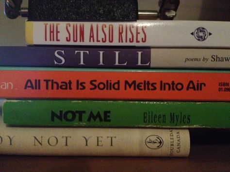 book spine poetry (Poetry International Web Mag) Shauna Mosbeck Spine Poetry, Found Poem, Sun Also Rises, The Sun Also Rises, Writing Groups, Book Spine, Nerdy Things, Library Displays, Book Writer