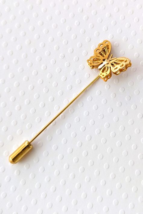 Beautiful vintage gold tone butterfly stick pin. Presentation is half the fun! We love wrapping your orders in our little homemade boxes with personalized notes. If you are ordering a gift, include the receiver’s name, and anything you would like said to them. This option makes it easier for you to order our items as gifts that can be sent directly to your friends and family. Order with ease knowing that your gift will be wrapped with lots of care. Butterfly Brooch, Personalized Notes, Stick Pins, Etsy Jewelry, Lapel Pin, Lapel Pins, Buttons Pinback, Hair Ties, Vintage Gold