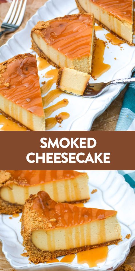 Smoked cheesecake is a fun spin on the traditional dessert. Mild smoky flavors elevate the classic dish with an extra note of flavor that’s perfect for summer! #cheesecake #dessert #recipe Smoked Cake Recipes, Smoked Baked Goods, Dessert In Smoker, Dessert On The Smoker, Desserts On The Smoker, Smoked Cheesecake Recipe, Summer Cheesecake Flavors, Pellet Grill Dessert Recipes, Smoked Dessert Recipes