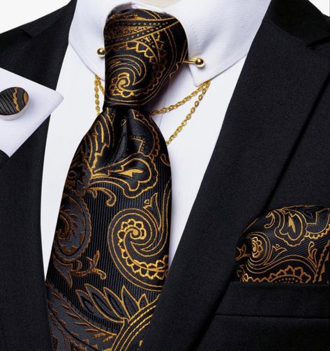 Black And Golden Suit Men, Men Black And Gold Suit, Black And Gold Aesthetic Fashion Men, Black Suits With Gold Accents Men, Black And Gold Suits For Men, Black Gold Suit Men, Mens Neck Ties Fashion, Black And Gold Outfit Men, Black Suit Gold Tie