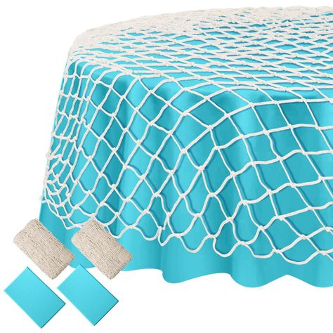 PRICES MAY VARY. Complete Set: you will get 2 fish net decorative with a size of about 39.4 x 78.7 inches and 2 turquoise plastic tablecloths for round tables with a diameter of about 83.8 inches, sufficient quantity and large size to meet your use and replacement; They are ideal for set off the party atmosphere Eye Catching Party Decorations: the set of fishing net and turquoise round tablecloth can be applied to decorate your birthday, mermaid theme party, ocean birthday party, nautical theme Ocean Birthday Party Decorations Diy, Surfer Party Decorations, Under Water Theme Party Decoration, Beach Party Kids Birthday, Beachy Birthday Party Decorations, Ocean Birthday Party Games, California Party Theme, Beach Theme Birthday Party For Kids, Under The Sea Birthday Party Decorations