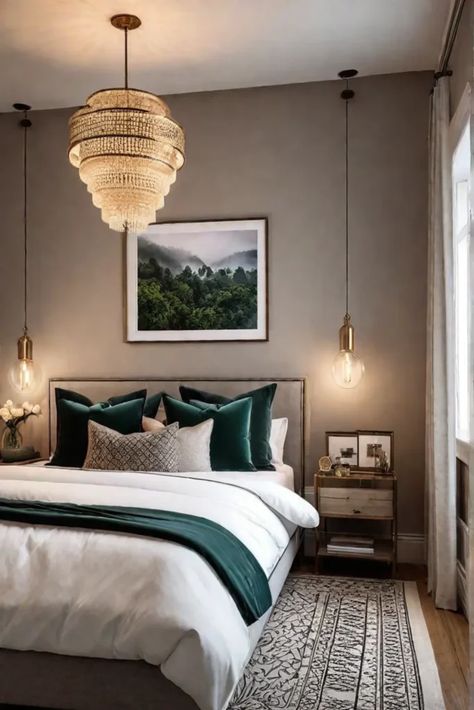 Cozy bedroom with taupe walls and botanical accents Bedroom Ideas Taupe Walls, Cool Earth Tone Bedroom, Taupe Paint Bedroom, Cozy Bedroom With Color, Taupe Accent Wall Bedroom, Neutral Accent Wall Bedroom, Bedroom Wall Colors 2024, Bedroom Ideas Warm Colors, Taupe Walls Bedroom