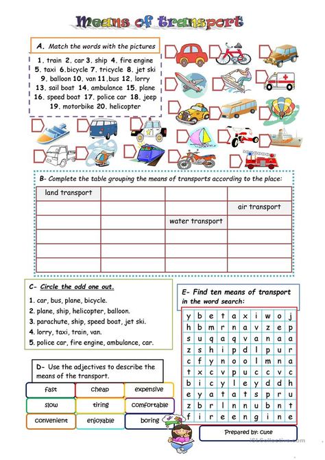 means of transport - English ESL Worksheets for distance learning and physical classrooms Means Of Transportation Activities, Cell Transport, Transportation Worksheet, Means Of Transport, Transportation Activities, Transportation Preschool, English Lessons For Kids, English Activities, Esl Teaching