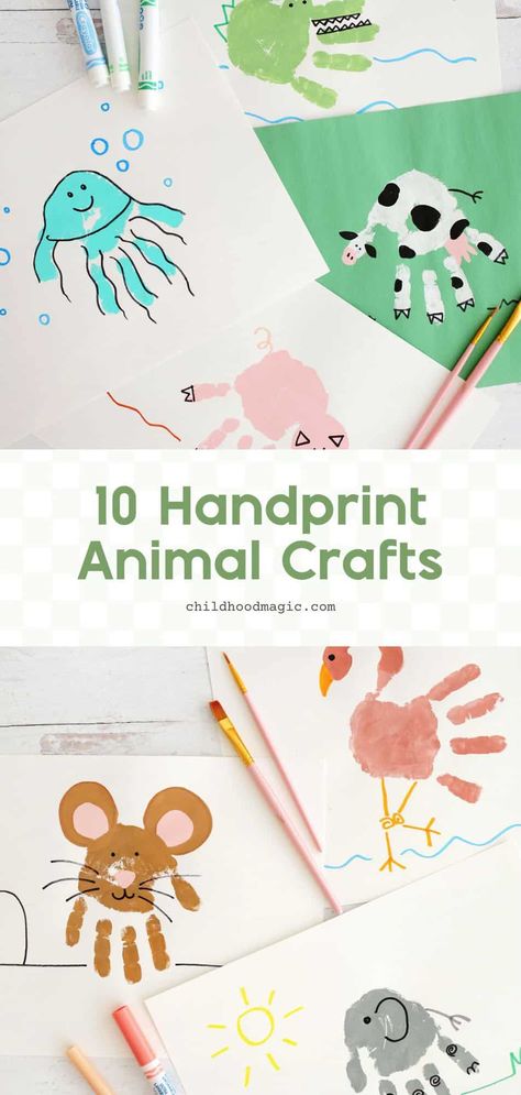 10 Handprint Animal Crafts That Kids Will Love! - Childhood Magic Hand Print Animals For Toddlers, Mermaid Handprint Craft, Spring Handprint Art Toddlers, Hand Painting Art Kids, Handprint Animals Preschool, Goat Handprint Craft, Baby Footprint Painting Ideas, Pre K Handprint Art, Painted Handprint Ideas