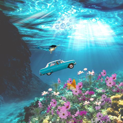 Sunday drive where the daisy's grow. A futuristic art with mermaid and a flying car underwater. A surreal future world. for prints and some, click on bio #msshirleysu #surreal #fantasy #dreamy #mermaid #flyingcar #daisys #retro #nostalgia #digitalart #artist #collageart #collage #fun #family #vacation #love #prints #portrait #canvas #wallart #futuristic Car Underwater, Surreal Underwater, Underwater Drawing, Slacks Outfit, Surreal Collage Art, 달력 디자인, Heart Artwork, Future World, Surreal Collage