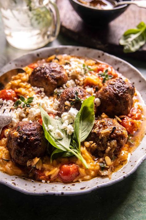 Half Baked Harvest Fall Dinner, Dinner Recipes With Basil Leaves, Greek Crockpot Meals, Greek Meatballs Crockpot, Half Baked Harvest Slow Cooker, Orzo Half Baked Harvest, Healthy Fall Dinner Ideas, Fall Family Meals, Chicken Meatballs With Orzo